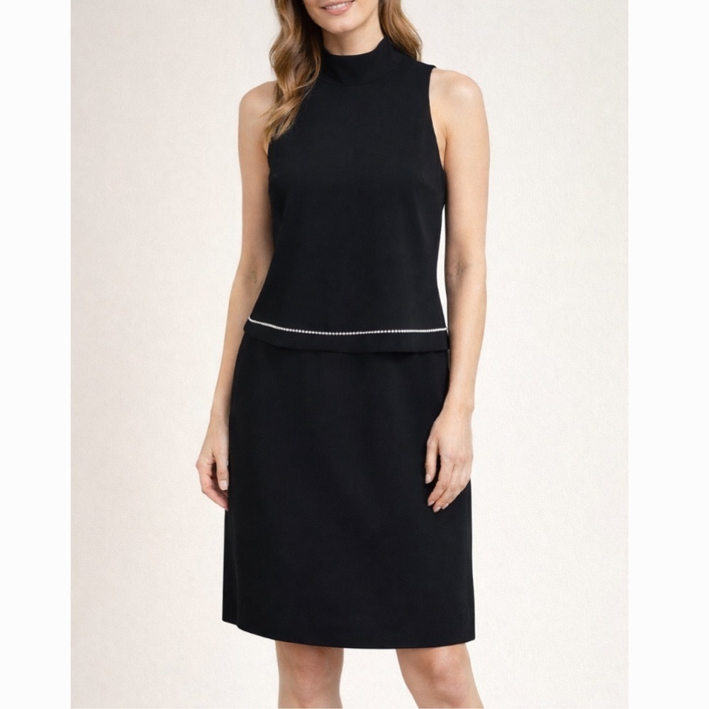Jones New York Black Mock Neck Sleeveless Sheath Dress With Rhinestone accent